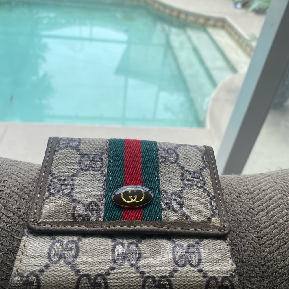 Gucci Beige Monogram Wallet with Red and Green Stripe
